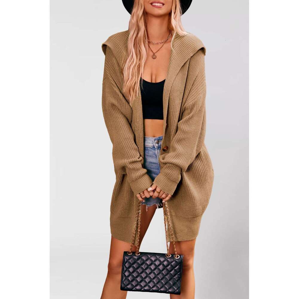 New Autumn Winter Women's Solid Color Turn-Down Collar Pocket Cardigan Three-Button Mid-Length Sweater Coat B5