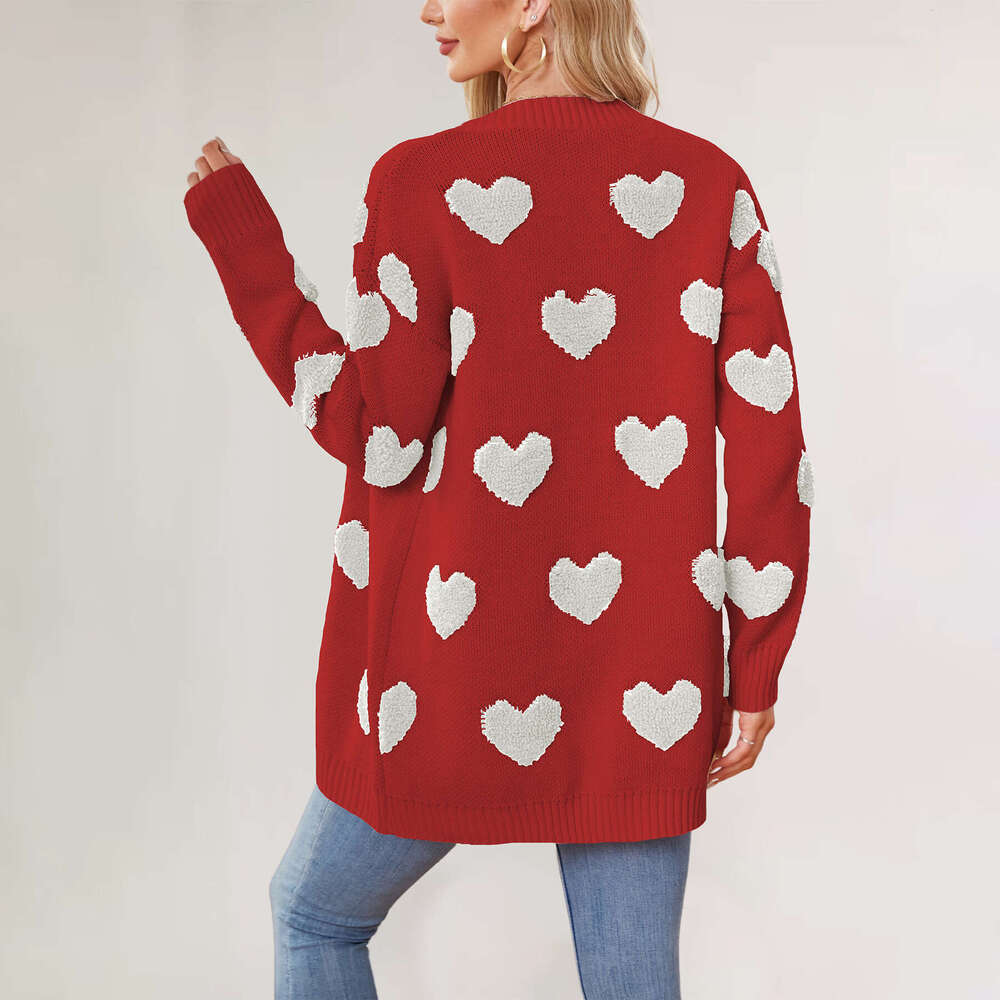 Autumn Winter New Temu Valentine's Day Heart Knitted Mid-Length Coat V-Neck Button Cardigan For Women B5