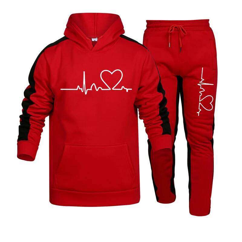 Quality Tracksuit Heart Printing Casual Hooded Sweatshirt 2 Pcs Set Fiess Sports Suit Street Trend Stripe Mens Clothing