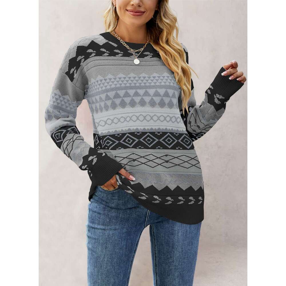 Autumn Winter New Women's Clothing Pattern Diamond Jacquard Multi-Color Spliced Knitted Sweater Pullover B5