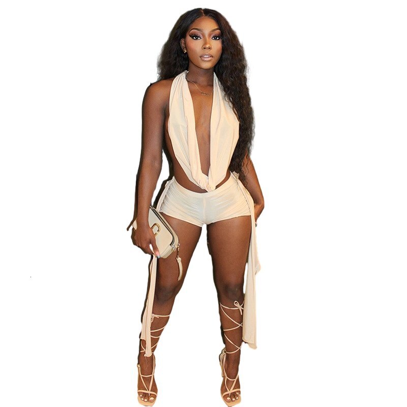 D9524 Womens Sexy Halter Neck Sleeveless Backless Top Tight Ribbon Shorts Set