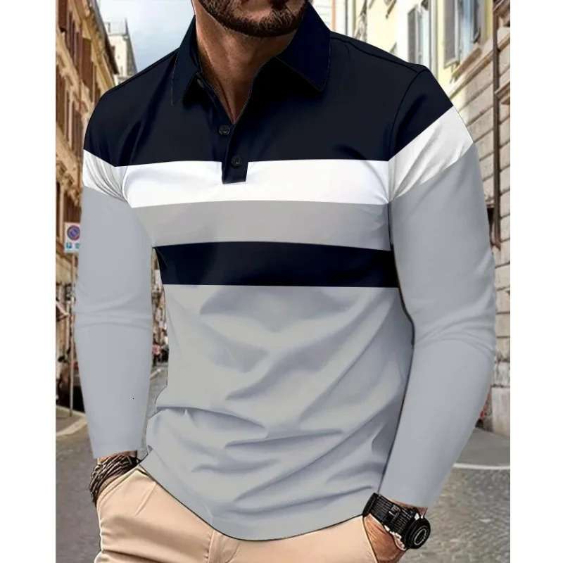 Three Stripe Mens Long Sleeve Polo Solid Color Tops Summer And Autumn Casual Breathable Comfortable Retro Street Polo Shirt 250818