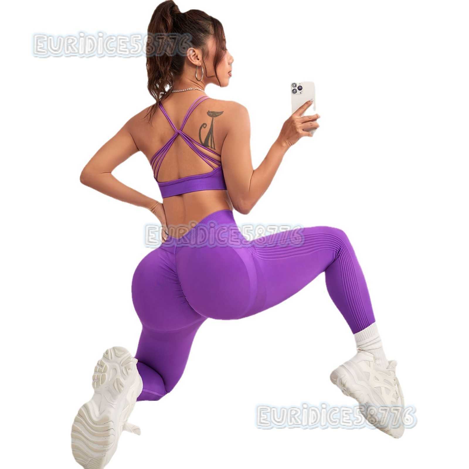New Seamless Knitted V-waist Peach Yoga Outfit Set for Women with Butt-lifting Pants and Sports Bra Two-piece Set H250819