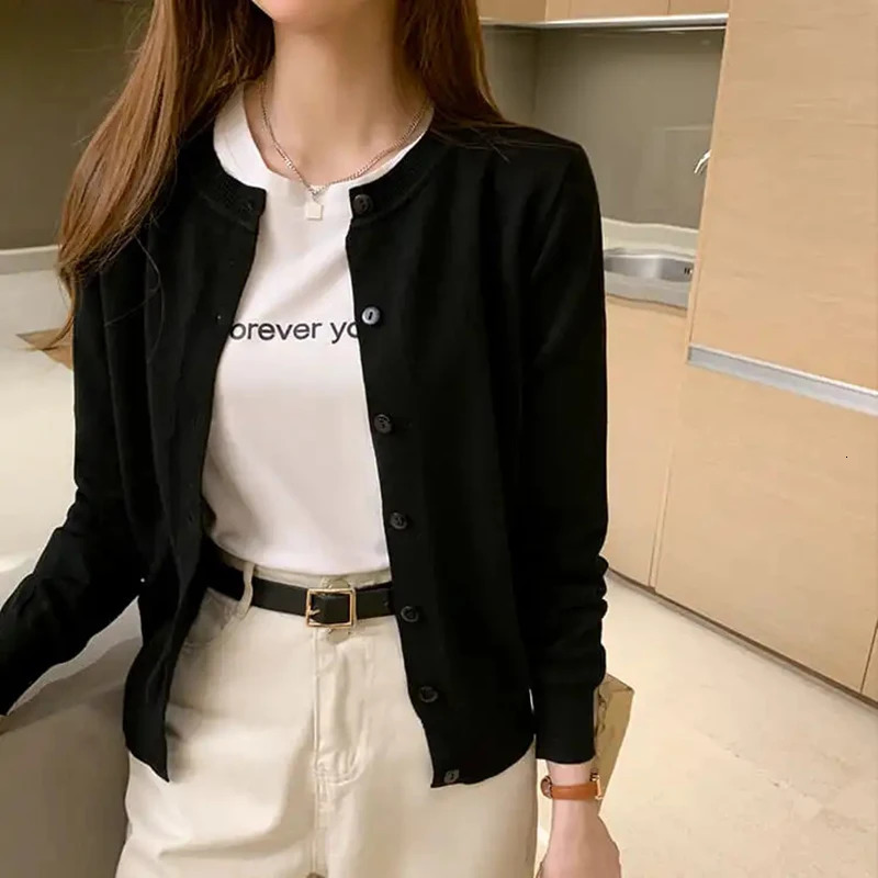 Rimocy Knitted Cardigan Jacket Women Spring Autumn Round Neck Casual Cardigans Woman Solid Color Slim Korean Jumpers Female 250819