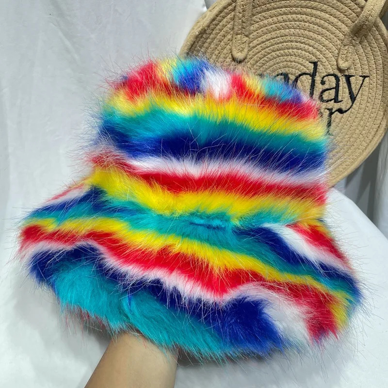 Korean Version Autumn And Winter Faux Fur Fisherman Hat Womens Rainbow Color Blocked Plush Warm Basin Hat 250819