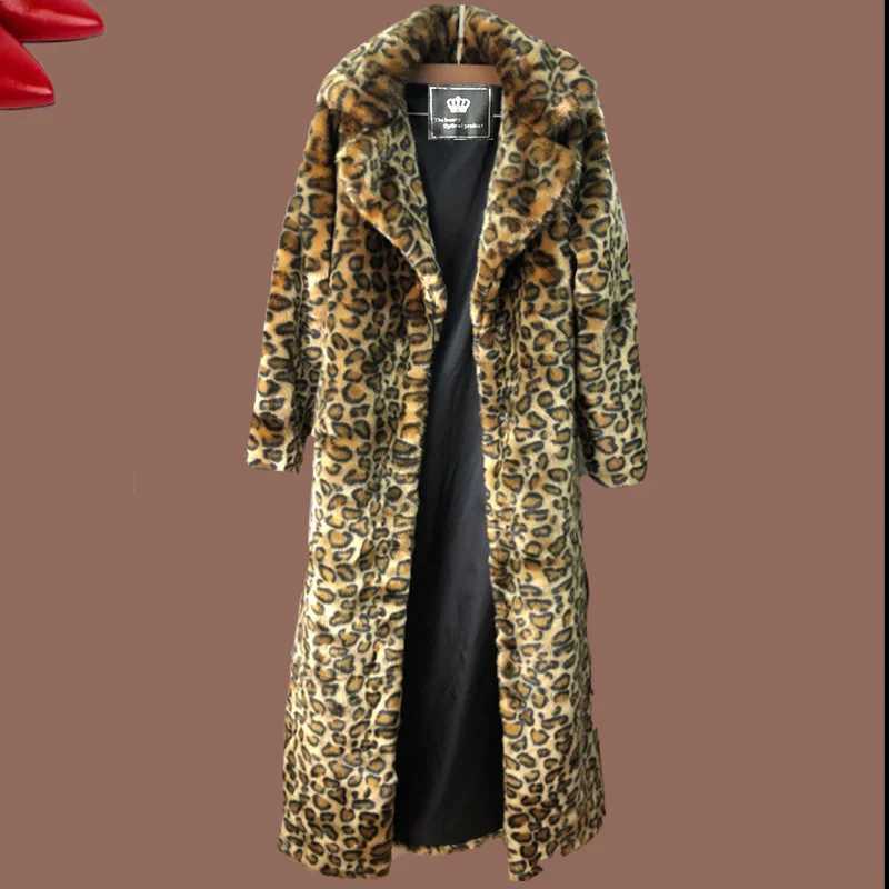 Womens leopard fur coat mink fur coat long fashion casual top Europe and America loose large size warm windbreaker J250815