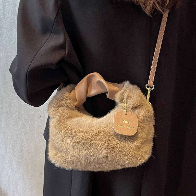 Autumn And Designer Furry Handbag Purses for Women PU Leather Shoulder Fluffy Soft Crossbody Fall Winter Ladies Top Handle Clutch Purse Bag