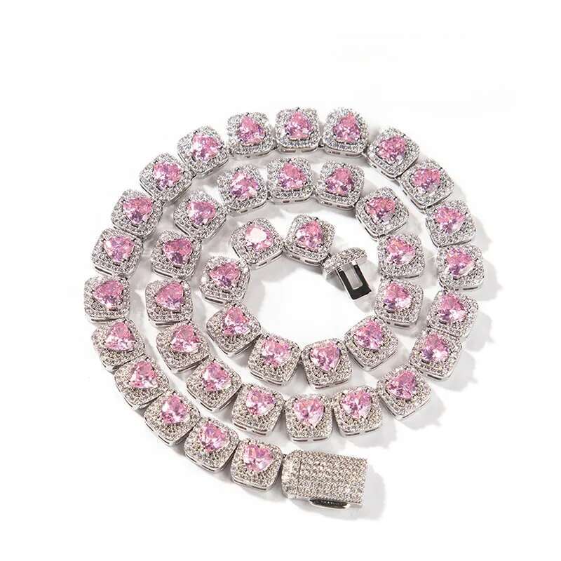 OACOCA Hip Hop Bling 9mm Square Micro Paved Pink Heart Moissanite Dia Men Women Jewelry Chunky Tennis Chain Necklace