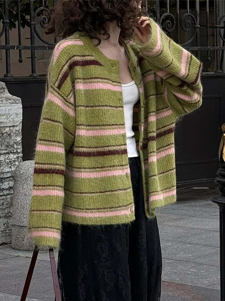 Elegant Stripe V Neck Women Sweater Single Breasted Loose Knitted Lady Cardigan Autumn Full Sleeve Female Coat 250819