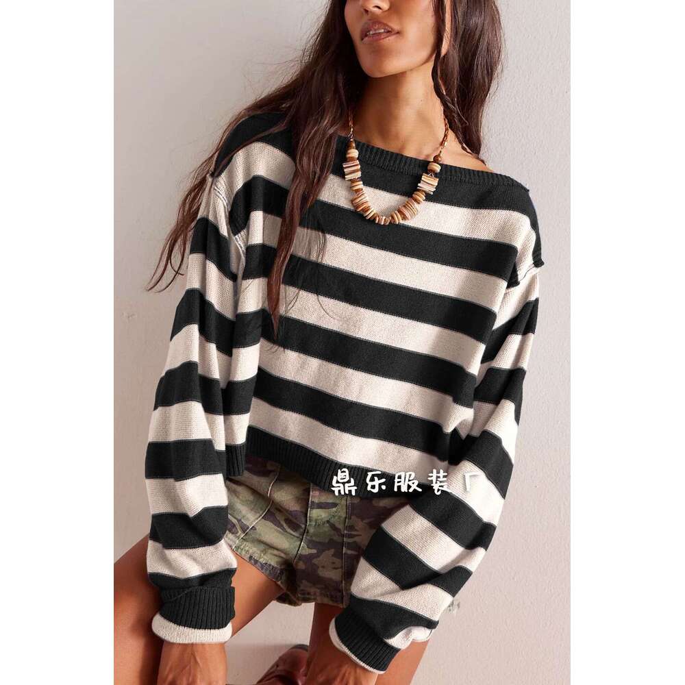 New Autumn Winter Pullover Loose Sweater Striped Short Knitted Top For Women B5
