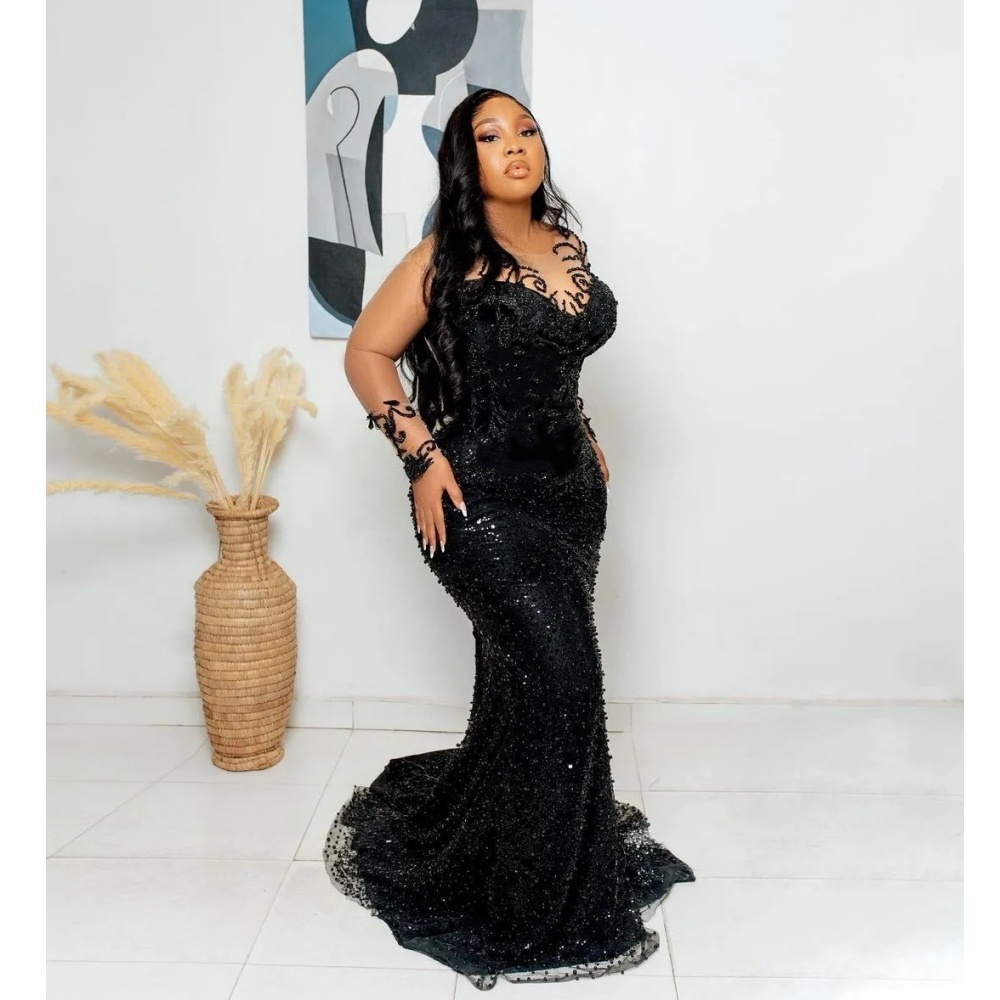 Black Beade Mermaid Prom Dresses 2026 Sequined Full Sleeves Evening Gowns Second Birthday Engagement Gowns Plus Size Dress For Brides Customized Vesti