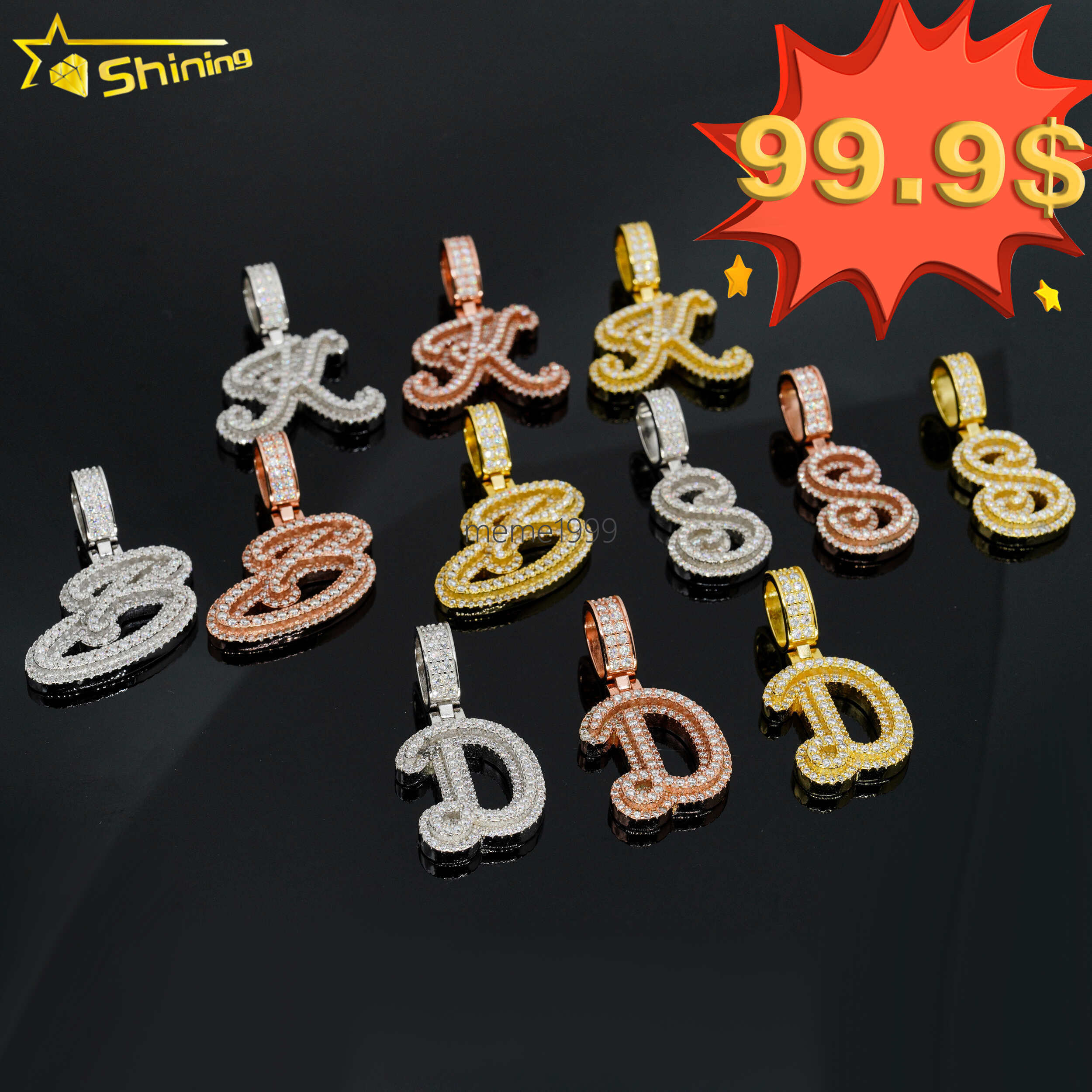 Solid Silver 925 Custom Iced Out Rope Chain VVS Moissanite Custom Initial Letter Pendant Necklace Moissanite Pendant