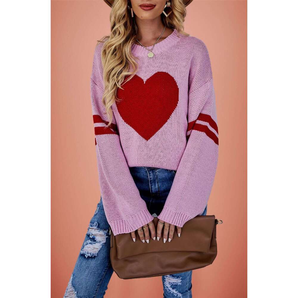 New Women's Autumn Winter Sweater Color Block Valentine's Day Heart Round Neck Knit B5