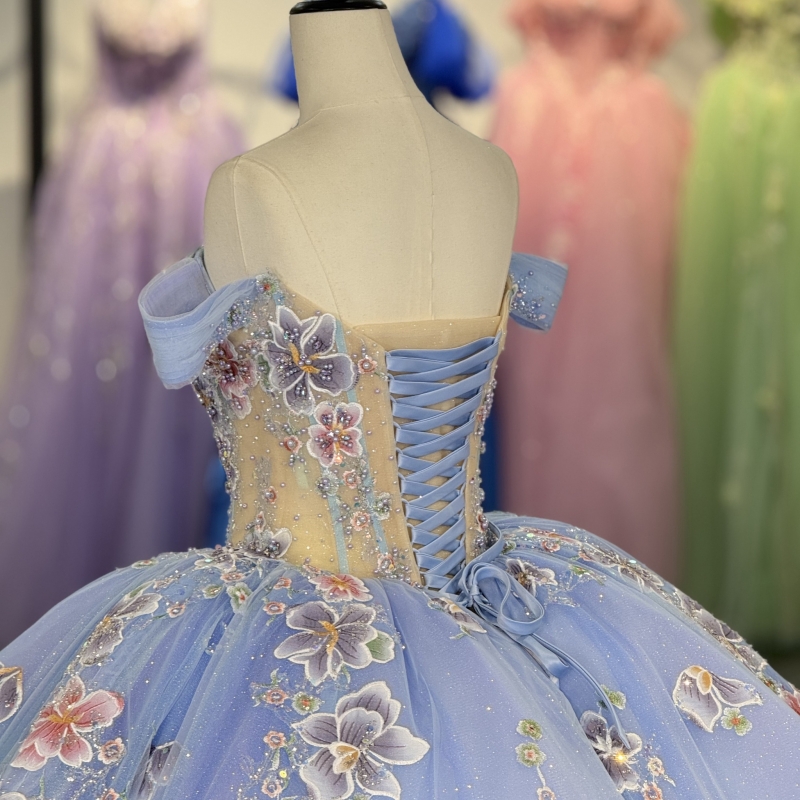 Sky Blue Shiny Princess Sweet 16 Dress Dress Quinceanera Dresses Applique Lace Beading Tull Party Birthday Vestidos 15 De Anos