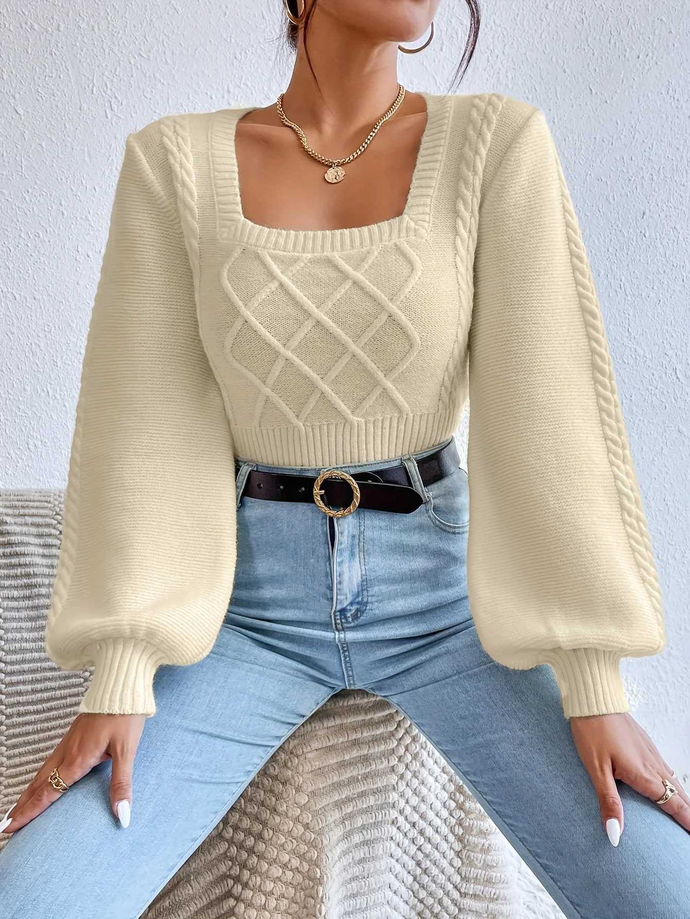 Autumn Fashion in Europe and the US French Retro Square Neck Bell Sleeve Long Sleeve Pullover Short Knitted Sweater for Women XJ250819