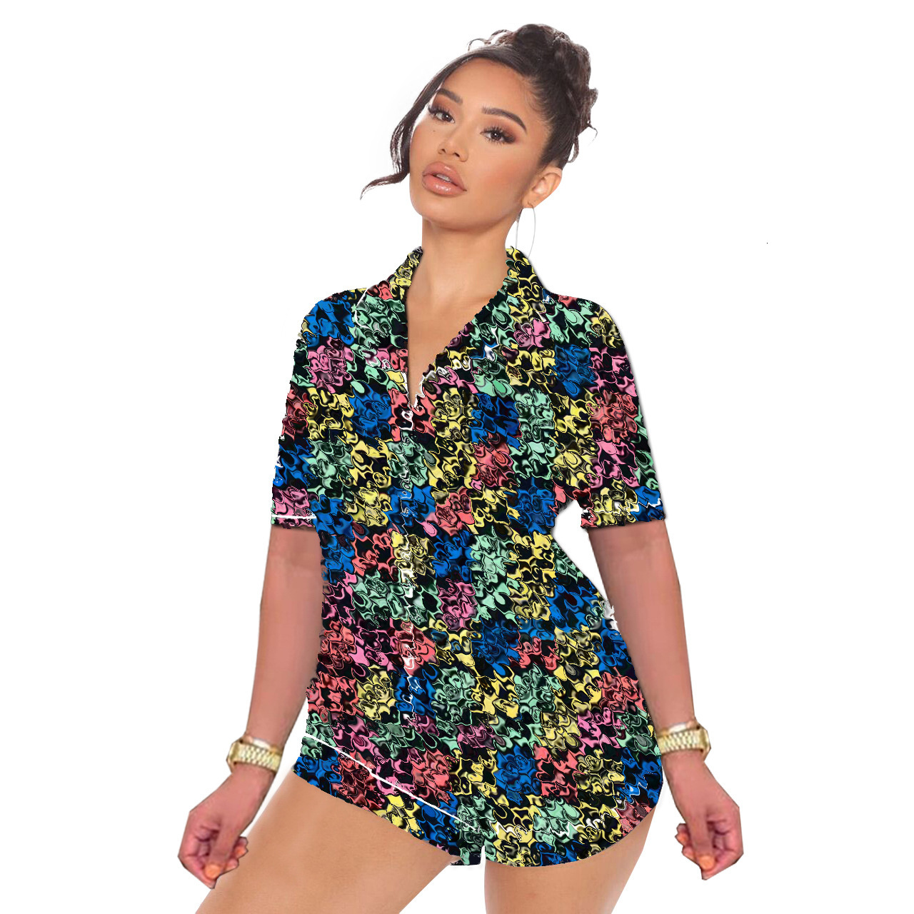 D9370 womens casual fashion pattern printed short sleeve pajamas two piece home wear