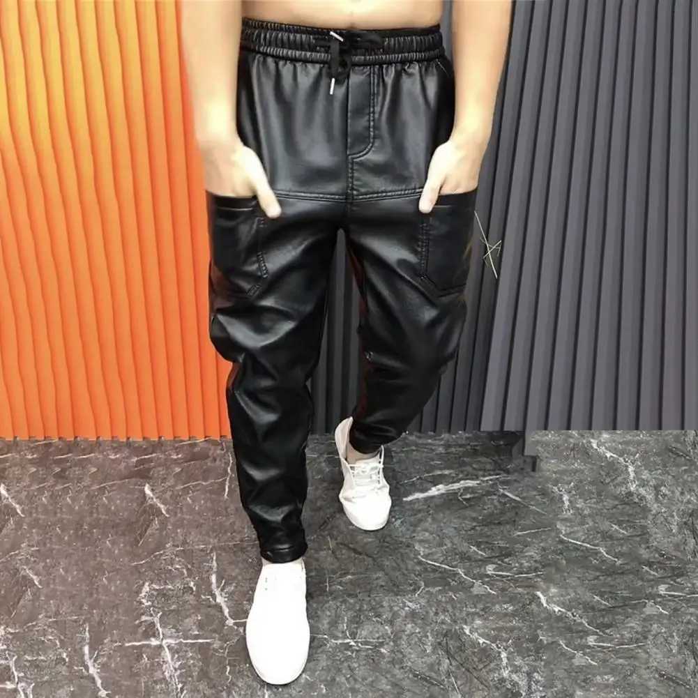 Black Elastic Waist Pants Stylish Mens Faux Leather Pants With Pockets Stretchy Waist Motorcycle Style Trousers For Spring Fall W250819
