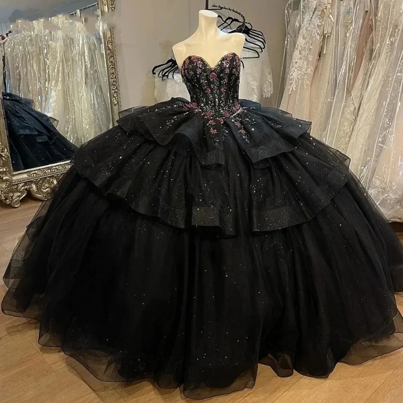 Black Shiny Princess Quinceanera Dresses Off The Shoulder Beading Crystal Tull Tiered Party Birthday Ball Gown Vestidos De 15 Anos Sweet 16 Dress
