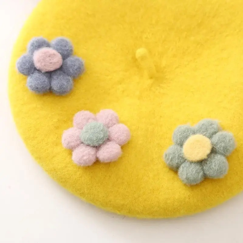 Princess Children Girl Baby Wool Beret Hat Cute Super Spring Autumn Parent Women Kids Three Flowers Painter Hat 250819