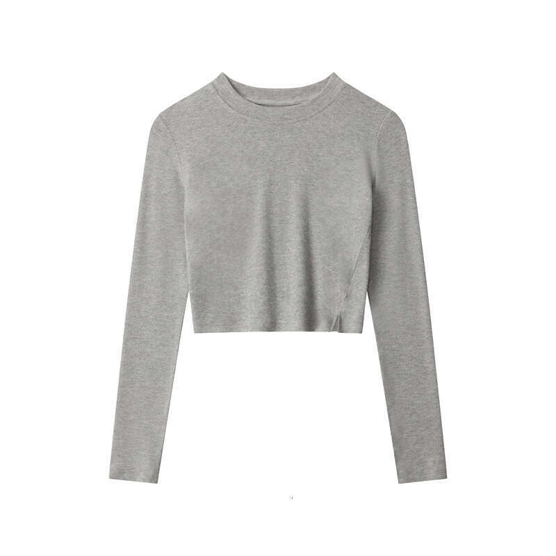 Spring And Autumn Hot Girl Sexy Slim Fit Slit Long Sleeve Women's Crop Top Short Tight Solid Color T-Shirt B5