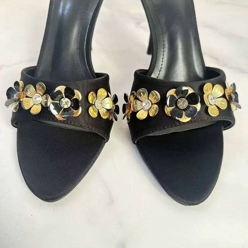 Peep Toe Women Summer Modern Sandals Metal Flower Decoration Dress Party Daily Casual Mules Stiletto Female High Heels Shoes
