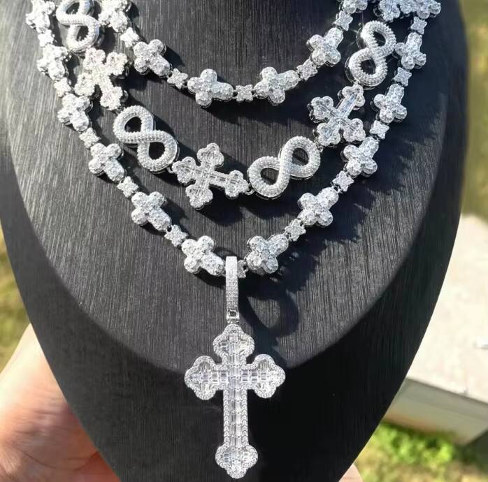 In Stock Iced Out Bling Rectangle Moissanite Hip Hop Cross Pendant Necklace Cross Chain Fine Jewelry Set for Men