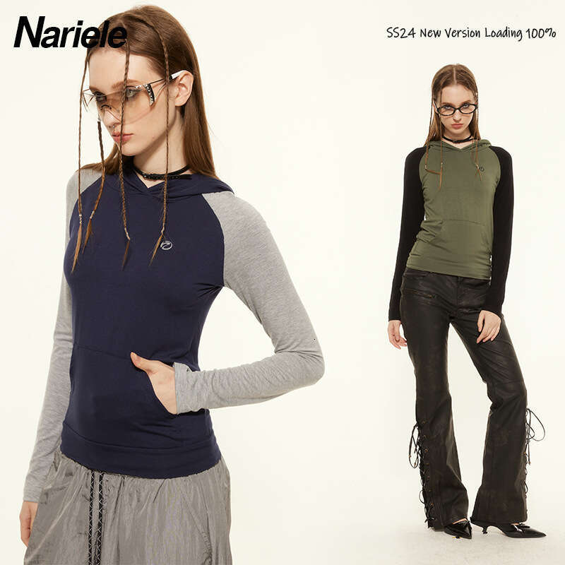 Spring Hooded Design Contrast Color Splicing Raglan Long Sleeve Casual Top T-Shirt For Women B5