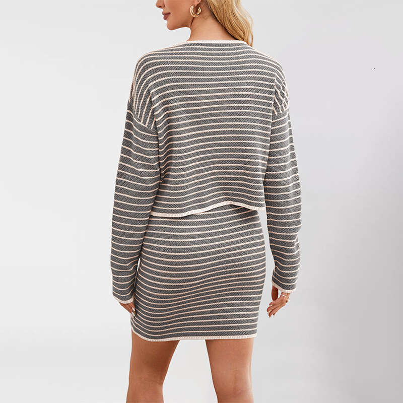 Autumn Winter New Knitted Striped Button Fashion Suit Dress Women's Clothing B5