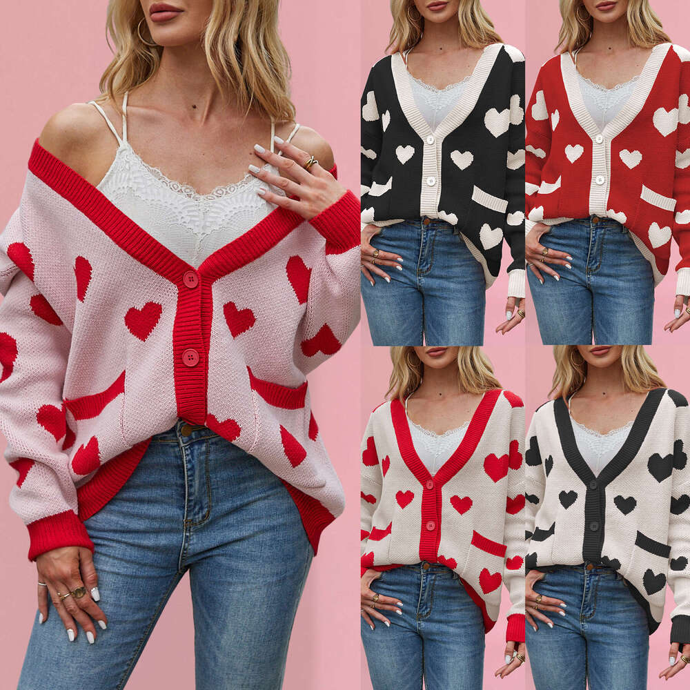 New Autumn Winter Valentine's Day Heart Peach Cardigan Pocket V-Neck Regular Fit Knitted Jacket B5
