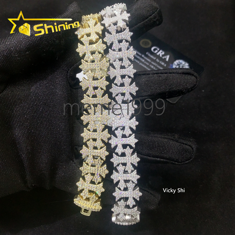 Gold Plated Sterling Silver 925 Iced Out Moissanite Cross Bracelet Hip Hop Men Fine VVS Moissanite Cuban Bracelet Party Gifts