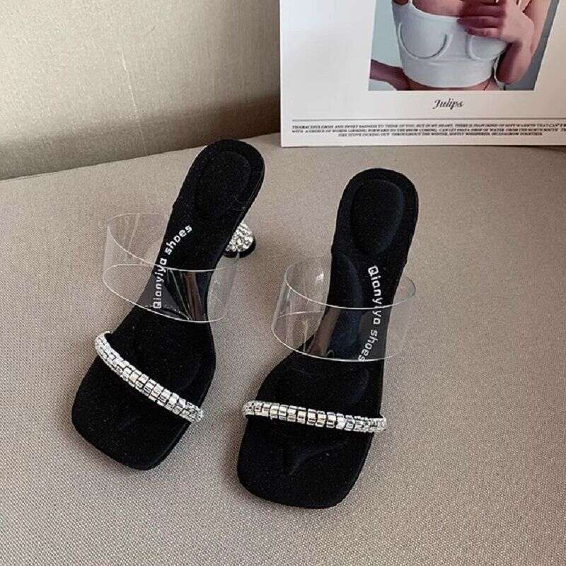 Black Transparent Shoe Rhinestone French Style Elegant High Heel Slippers Designer Shoes for Women Summer 2025 New Fashion Versatile Sandals