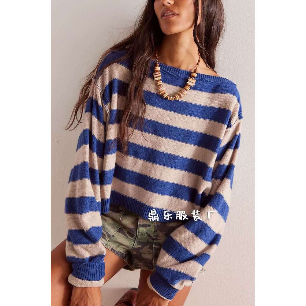 New Autumn Winter Pullover Loose Sweater Striped Short Knitted Top For Women B5
