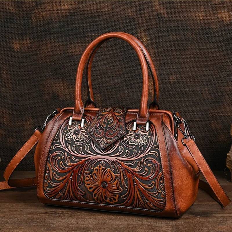 MOTAORA New Vintage Emed Handmade Handbag For Women Versatile PU Leather Shoulder Bag Large Capacity Crossbody Bags Female