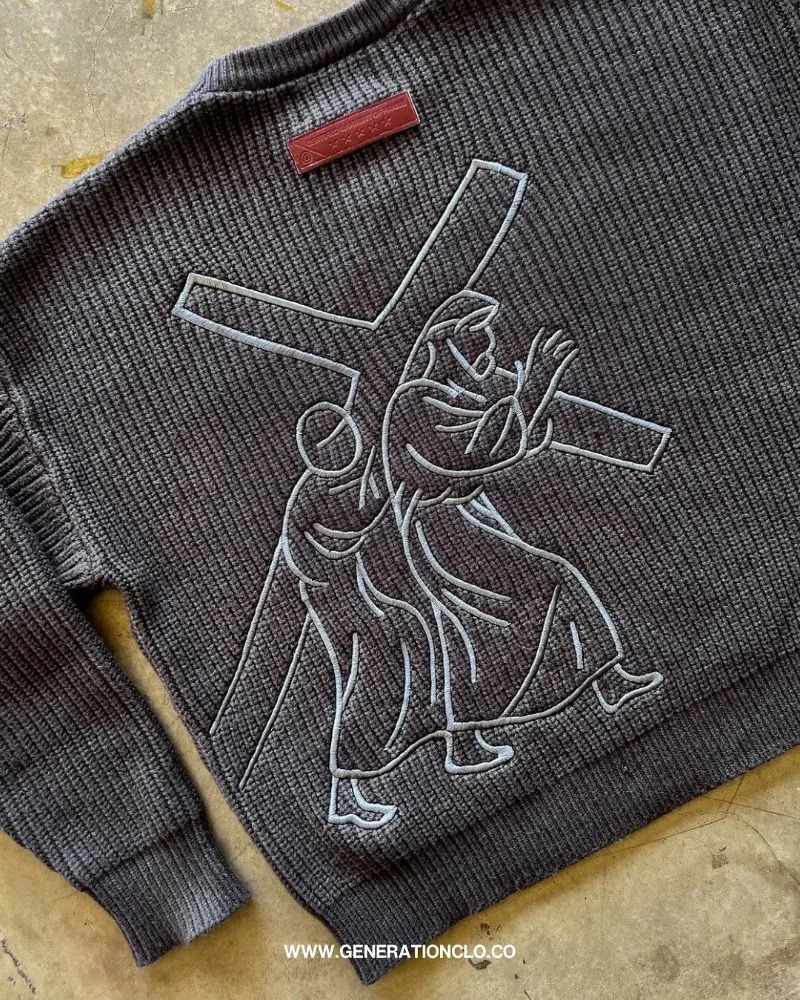 American Retro Cartoon Fashionable Letter y Casual Loose Round Neck Sweater Men Street Harajuku Fashion Dark Gray Top 250819