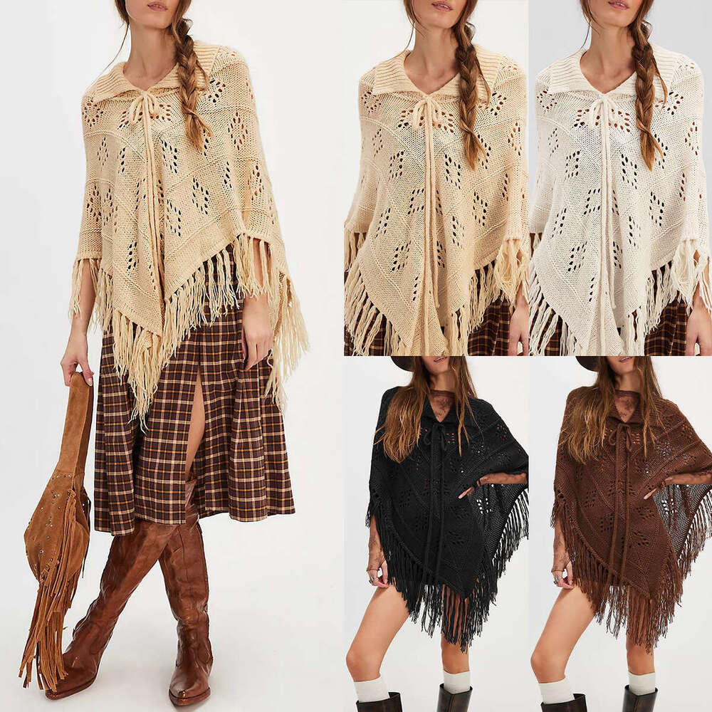 New Women's Fashion Tassel Simple Shawl Cape Fashionable Versatile Elegant Trendy Knitted Top B5