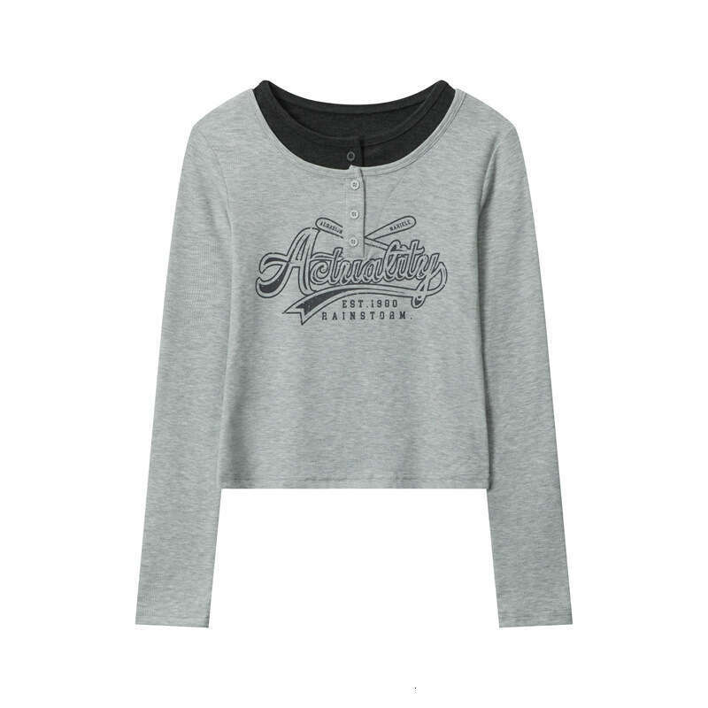 Spring Hot Girl Round Neck Fake Two-Piece Letter Design Short Slim Fit Long Sleeve T-Shirt Top B3