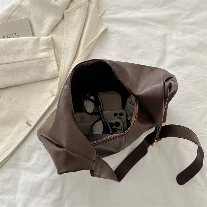Trendy Casual Soft PU Womens Handbags Solid Color Large Capacity Female Shoulder Bag Retro Tote Bag For Commute Shopping 250818