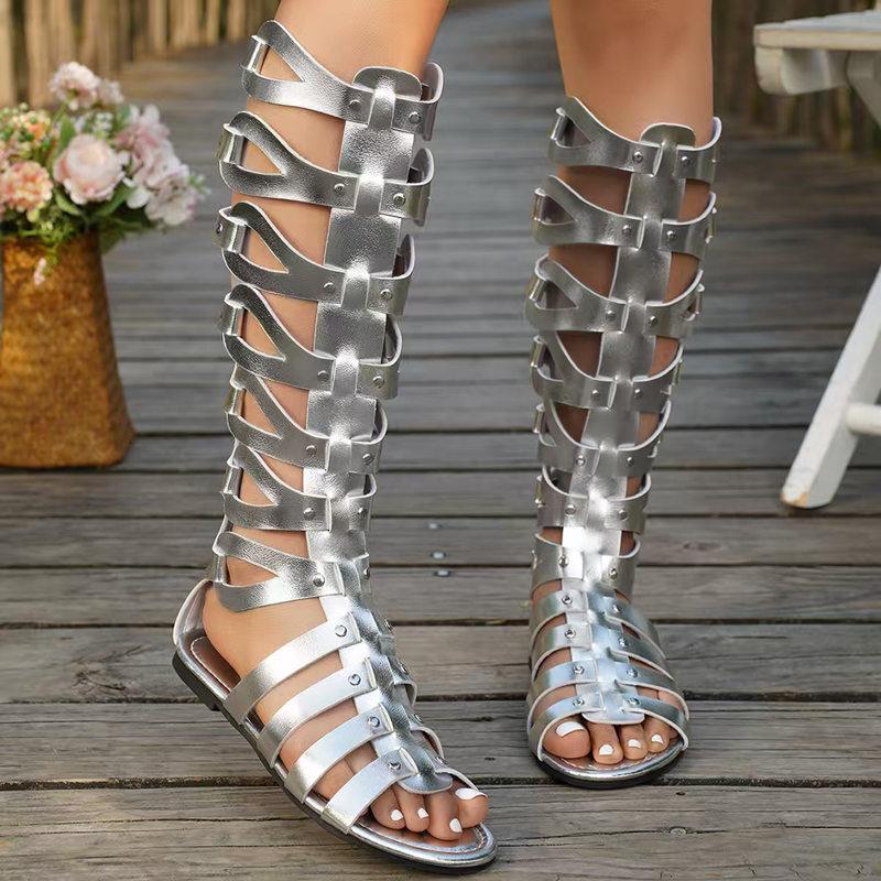 Women Designer Strappy Open toe Knee High Summer Gladiator Flat Sandals Roman Bandage Casual Boots Shoes breathable and comfortable 10/10