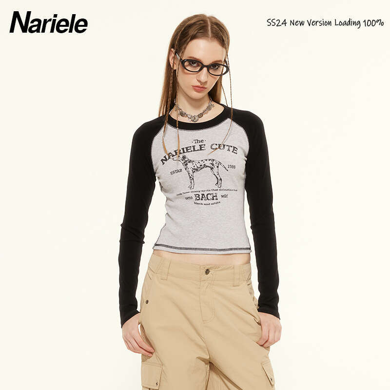 Letter Print Ins Niche Color Block Long Sleeve T-Shirt Round Neck Slimming Age-Reducing Versatile Top For Women B3