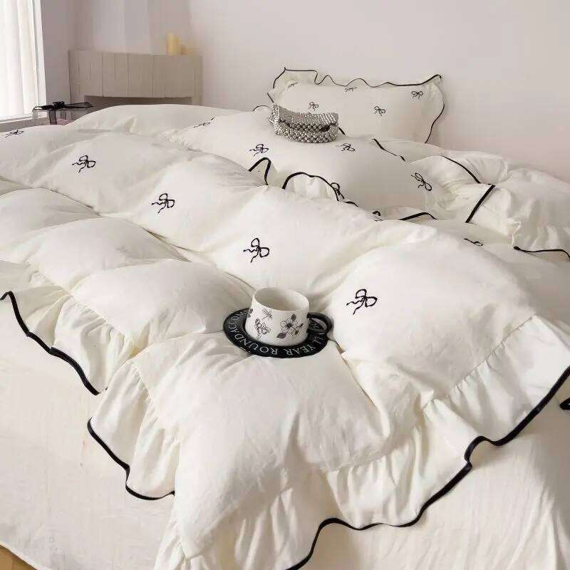 3pcs bow embroidery Bedding set ruffles Duvet Set (1*Duvet Cover + 2*case, Without Core)for bedroom guest room