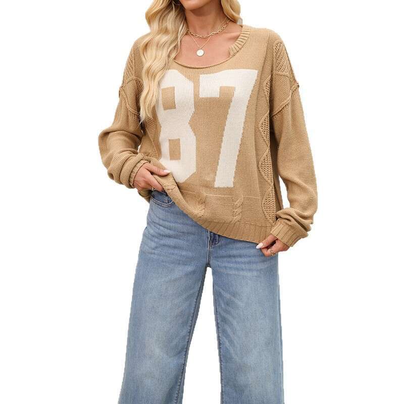 New Women's Autumn Winter Digital Color Block Knitted Pullover Loose Long Sleeve Sweater B3