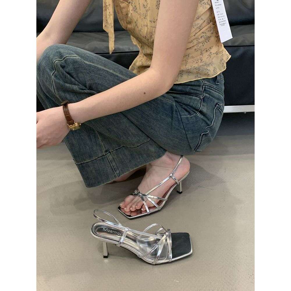 Internet Shoe Celebrity Elegant Thin Strap Socialite Designer Shoes Stiletto Open-Toe Heels 2025 Fairy Style Summer French Cross High Heel Sandals
