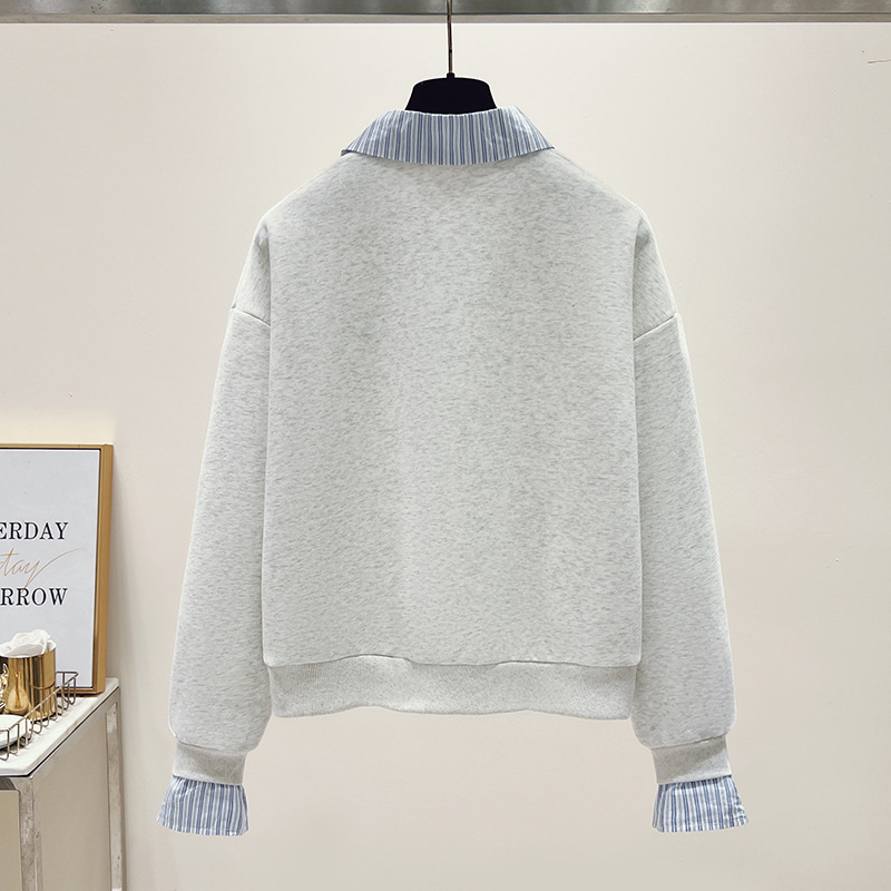 Autumn new style striped stitching polo collar fake two-piece art college style American lazy long-sleeved sweater women