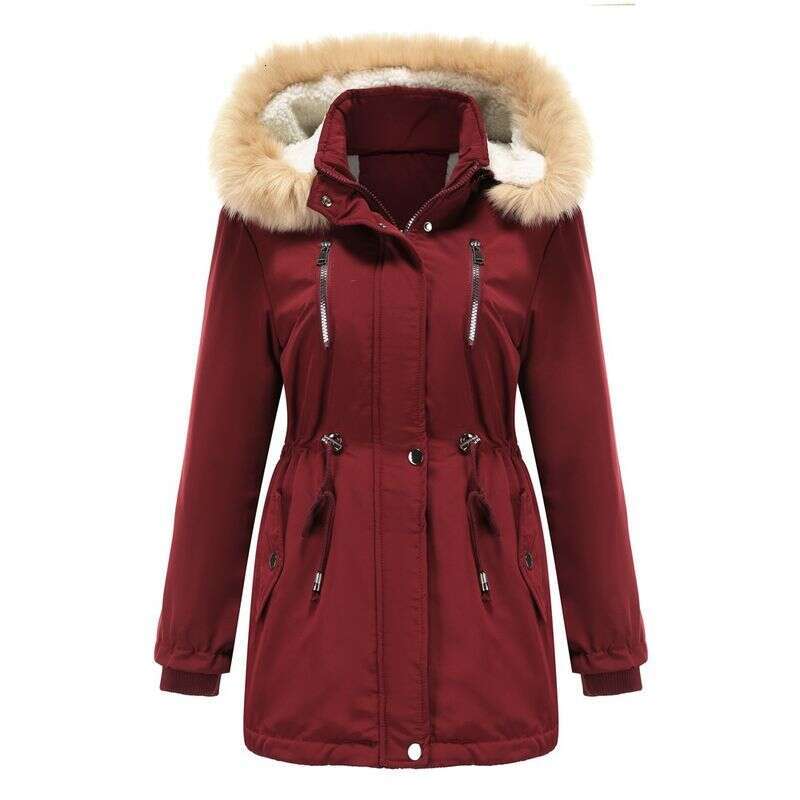 Women's lambswool cotton-padded jacket elastic waist detachable hood veet coat