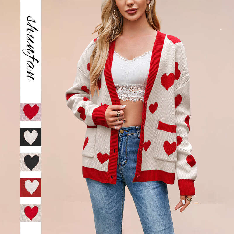 New Women's Valentine's Day Heart Peach Cardigan Pocket V-Neck Short Jacket B5