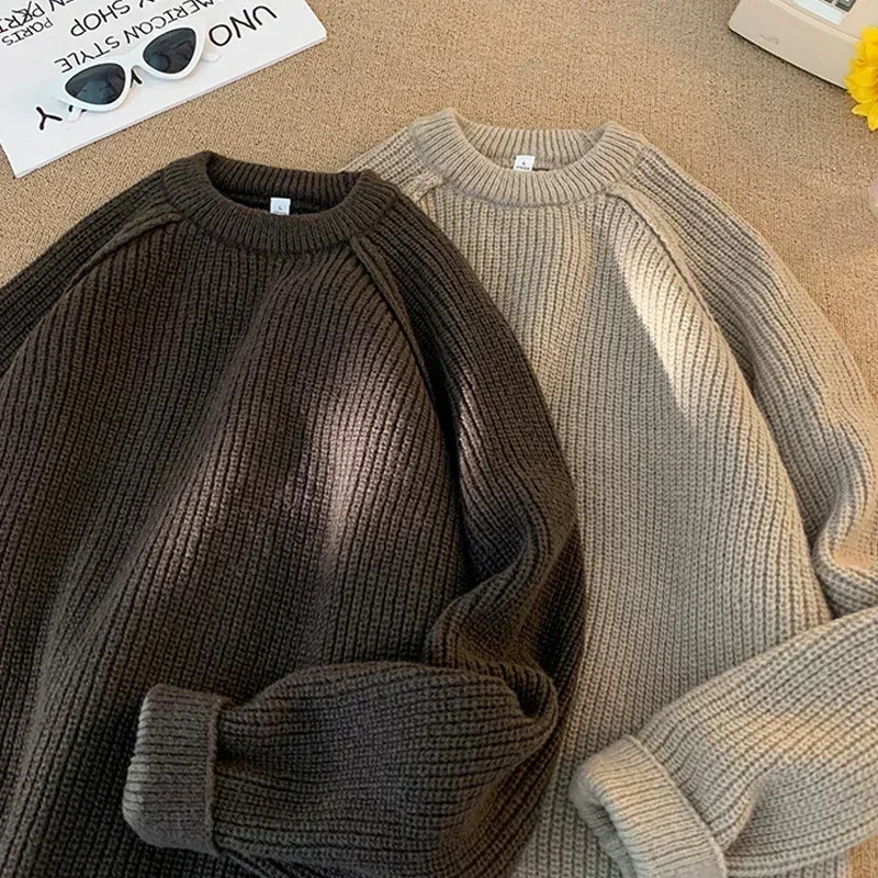 Sweaters Trend Mans Autumn Winter Solid Color Splicing Loose O Neck Oversize Pullover Man Motion Clothes 250819