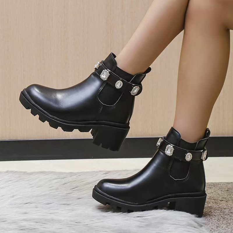 designer boots women shoes designer SHoes 100% cowhide Belt buckle Metal Thick heels Leather shoe High heeled Fashion Diamond Lady boot Large A10/10