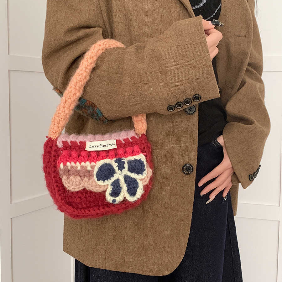 2025 Autumn Korean Sweet Knitted Bow Yarn Women's Handbag Autumn/Winter New Cute Knitted Crossbody Bag Women's Crossbody Bag Designer Bag Wo