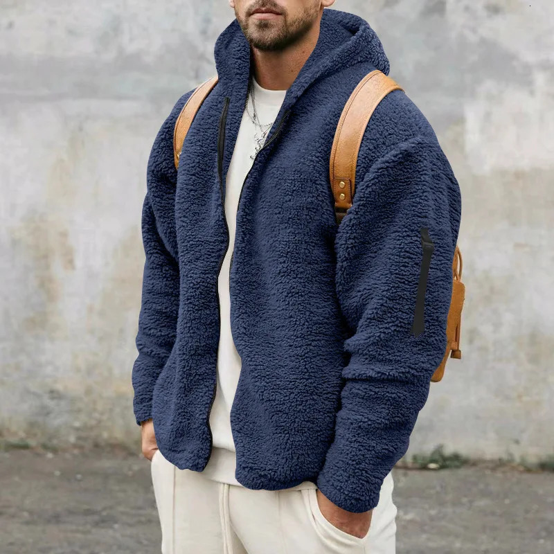 2024 Mens Autumn and Winter Double-Sided Fleece Warm Jacket Loose Hooded Casual Jacket 250814