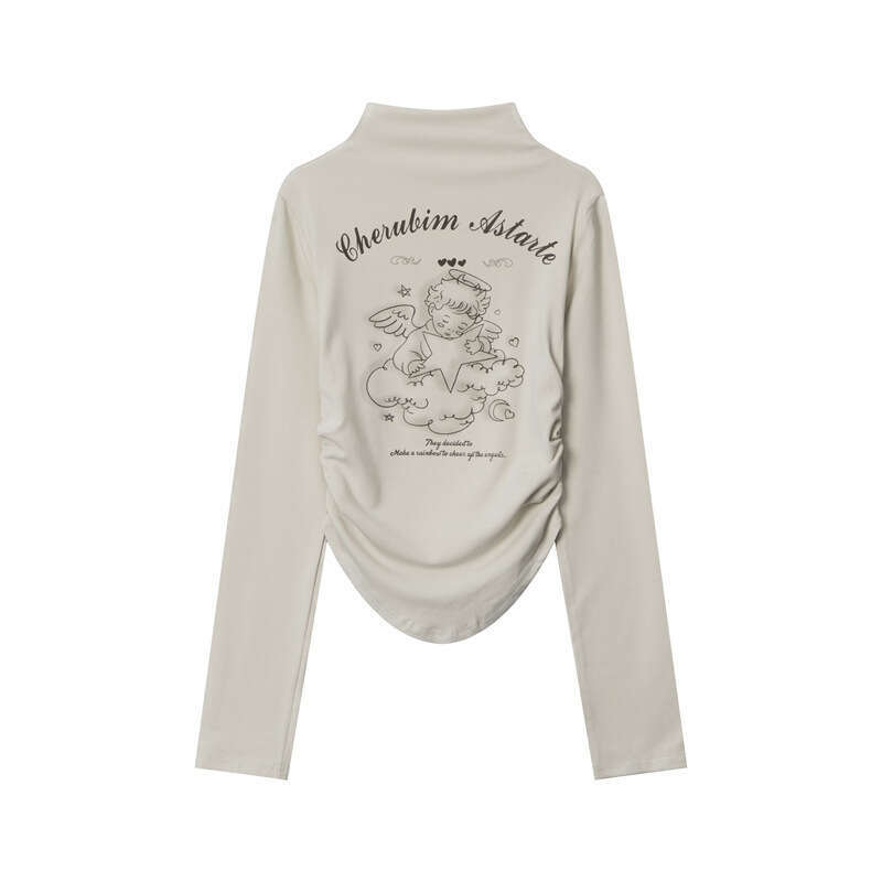 Angel Print Ruched Design Spring Long Sleeve T-Shirt For Women Pure Desire Style Sexy Short Top B3